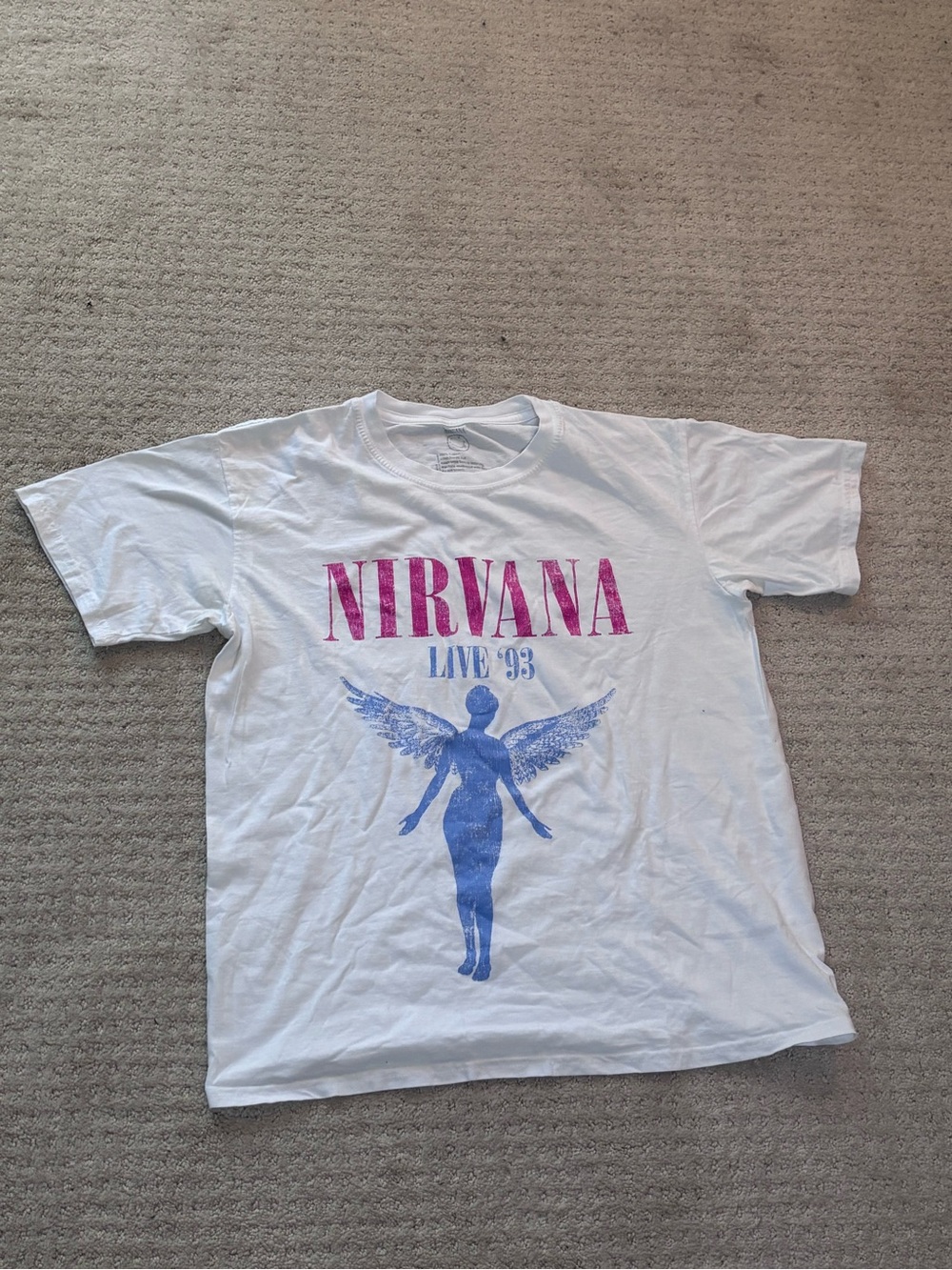 NIRVANA White Tee with Pink Logo & Blue Angel Graphic